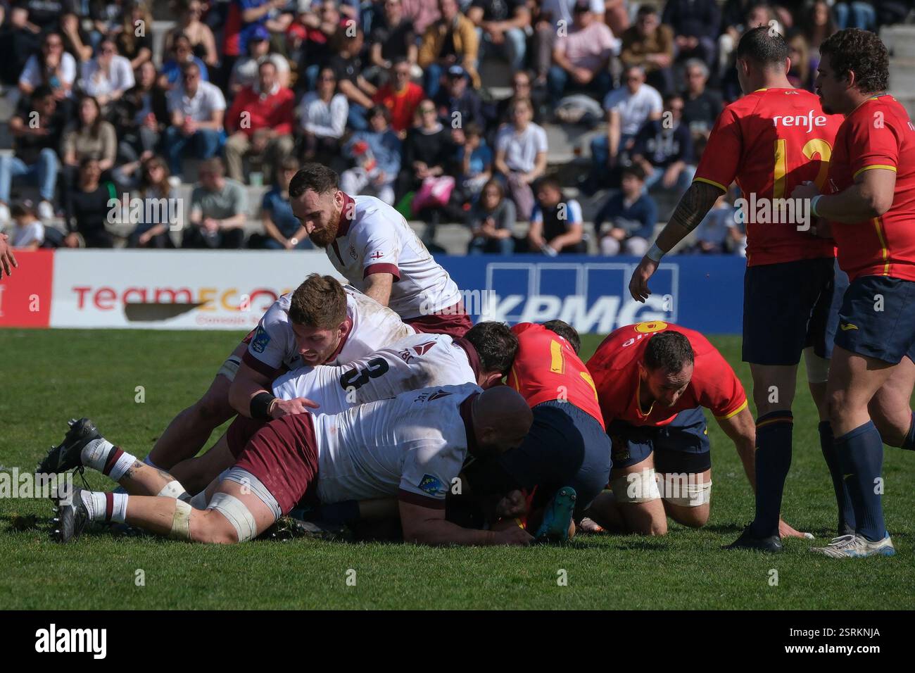 Spieler von Georgien während des Rugby-Europameisterschaftsspiels zwischen Spanien und Georgien am 16. Februar 2025 im Estadio Central UCM in Madrid. Stockfoto