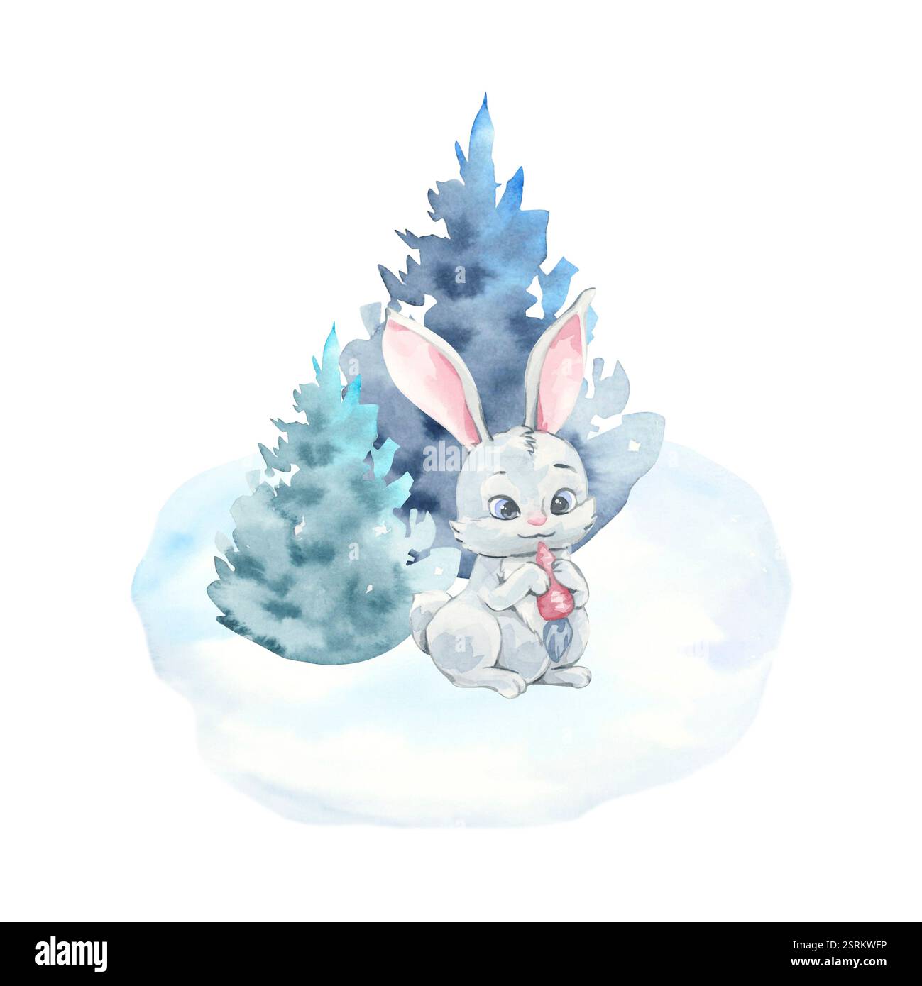 Kinder-Winter-Illustration. Ein Hase in der Nähe des Baumes. Aquarell. Clipart Kollektion Stockfoto