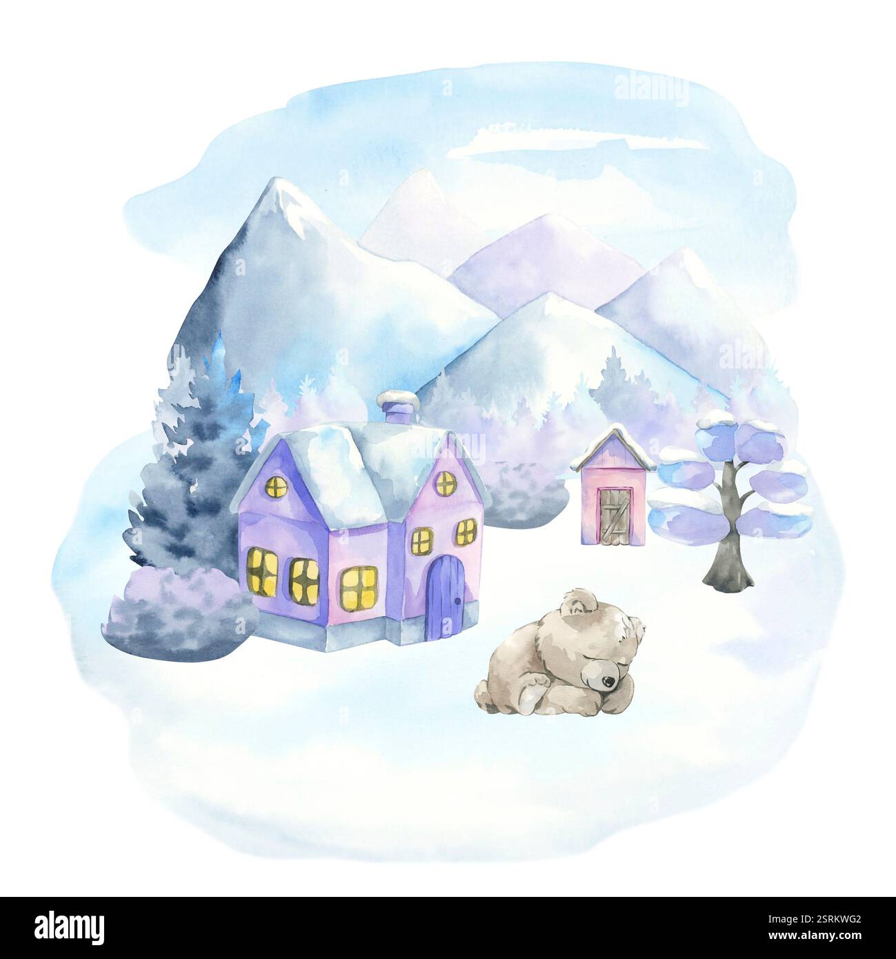 Kinder-Winter-Illustration. Haus im Wald. Aquarell. Clipart Kollektion Stockfoto
