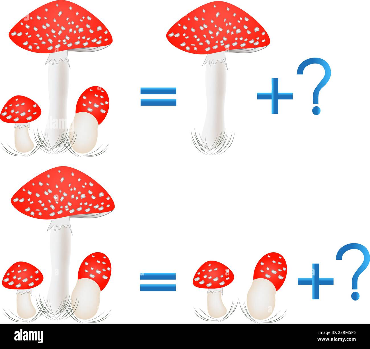 Lernspiele für Kinder, zur Zusammensetzung der drei, Beispiel mit Pilzen. Stock Vektor