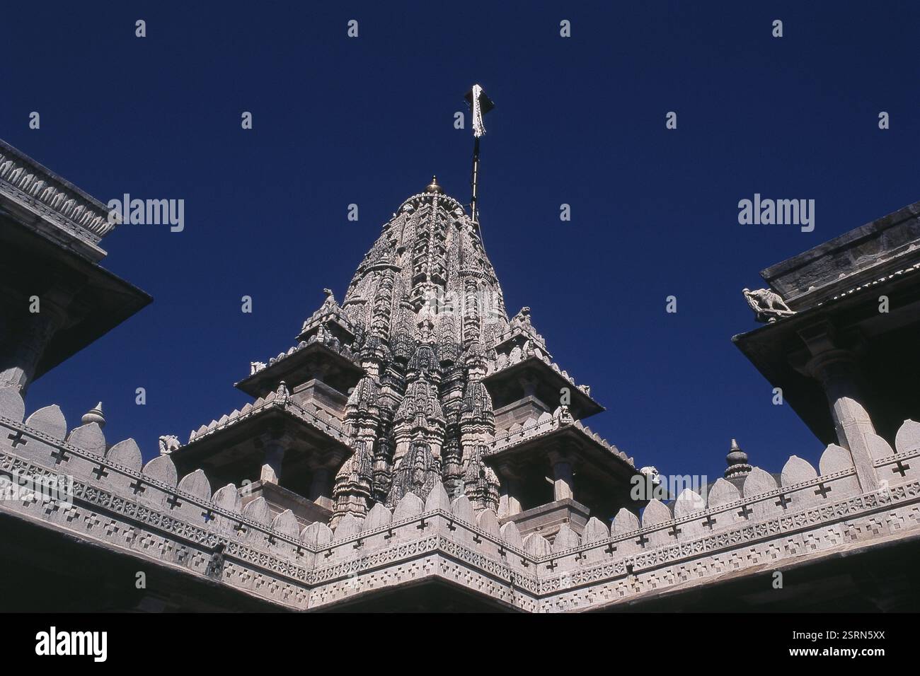 Reich symmetrische Blick auf Parshavanath Tempel Ranakpur, Rajasthan, Indien, Asien geschnitzt Stockfoto