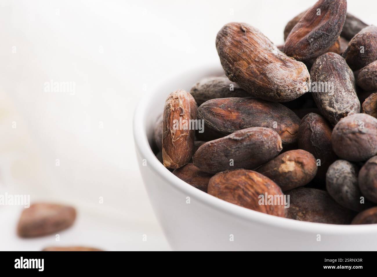 Schüssel mit Kakaobohnen auf weißem Hintergrund Stockfoto
