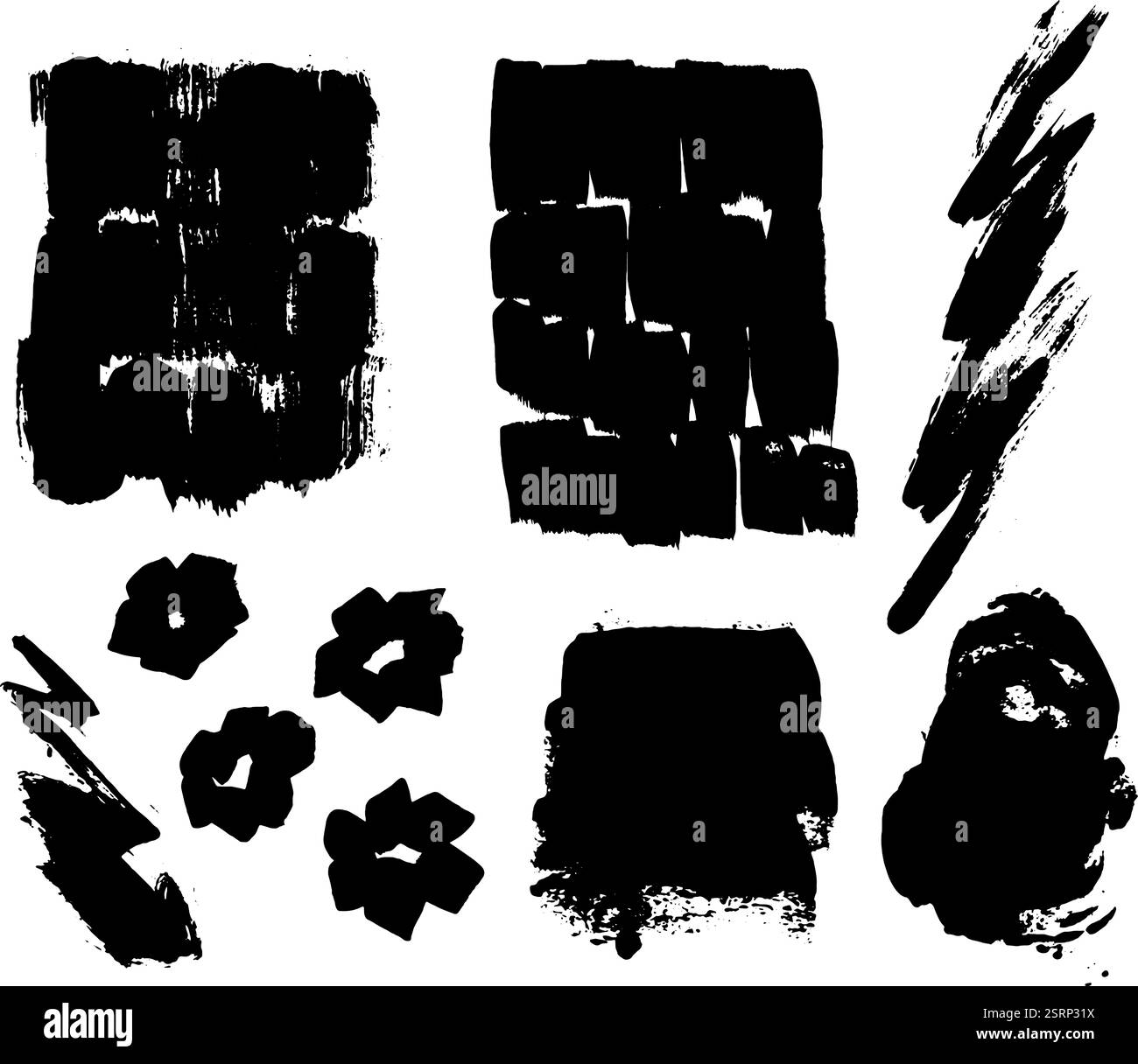 Pinsel mit Schleiftinte streichelt Elemente. Schwarzer Pinsel, Strich, Linie, Grunge. Schmutzige Texturen von Bannern, Boxen, Rahmen und Designelementen. Schwarzes Grunge Stock Vektor
