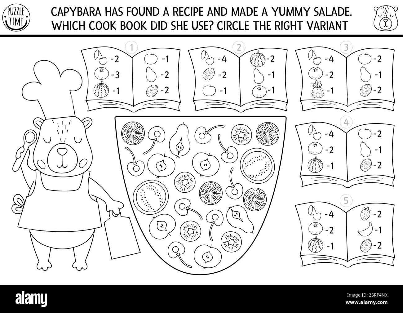 Capybara Schwarz-weiß-Spiel mit Fruchtsalat Rezept und Kochbüchern. Mathematik und Suchaktivitäten für Kinder. Ausdrucke für Ausbildungszwecke - AA Stock Vektor