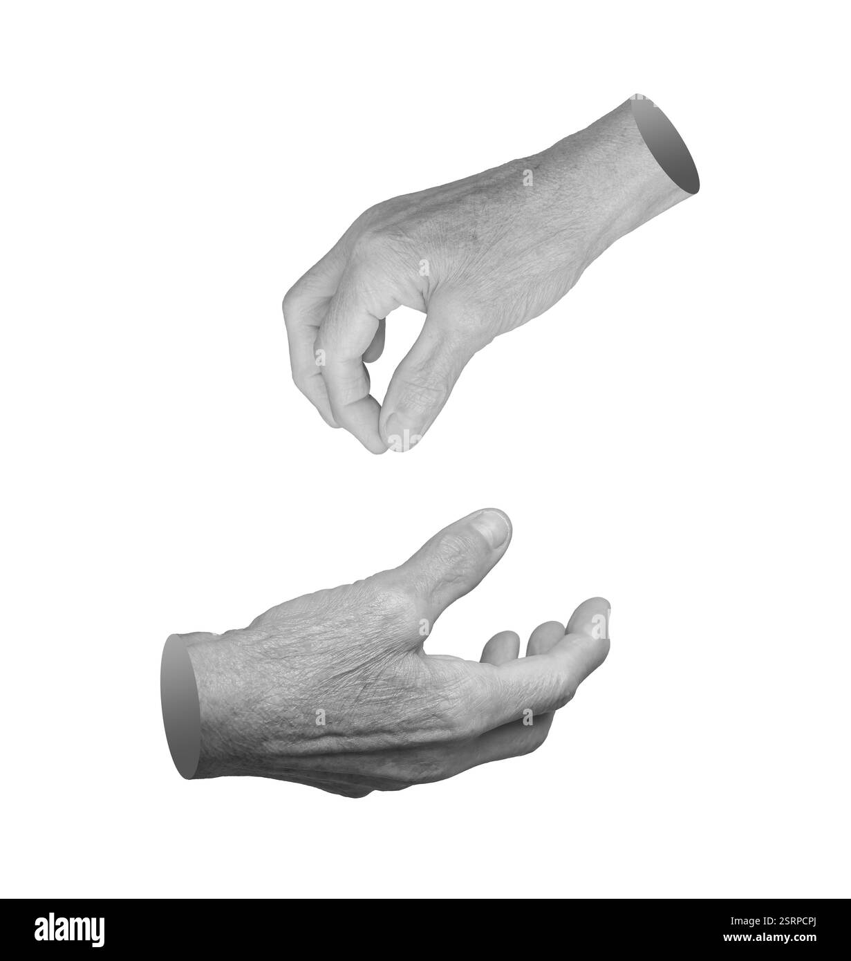 Ältere weibliche Hand in einer kniffligen Geste, Finger leicht gerollt, als hämmert oder bettelt. Faltige Haut, die das Alter und den Ausdruck des Wunsches betont Stockfoto