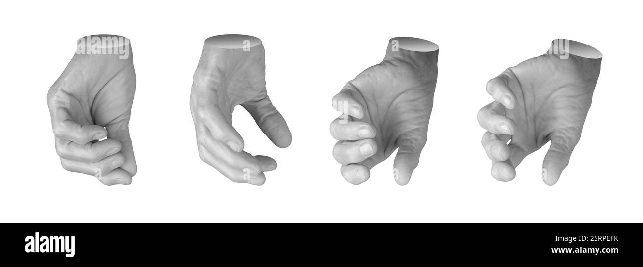 Ältere weibliche Hand in einer reichenden Geste ausgestreckt, Finger leicht gekrümmt, als ob sie opfern oder greifen würden. Faltige Haut, die das Alter und die Expressi betont Stockfoto