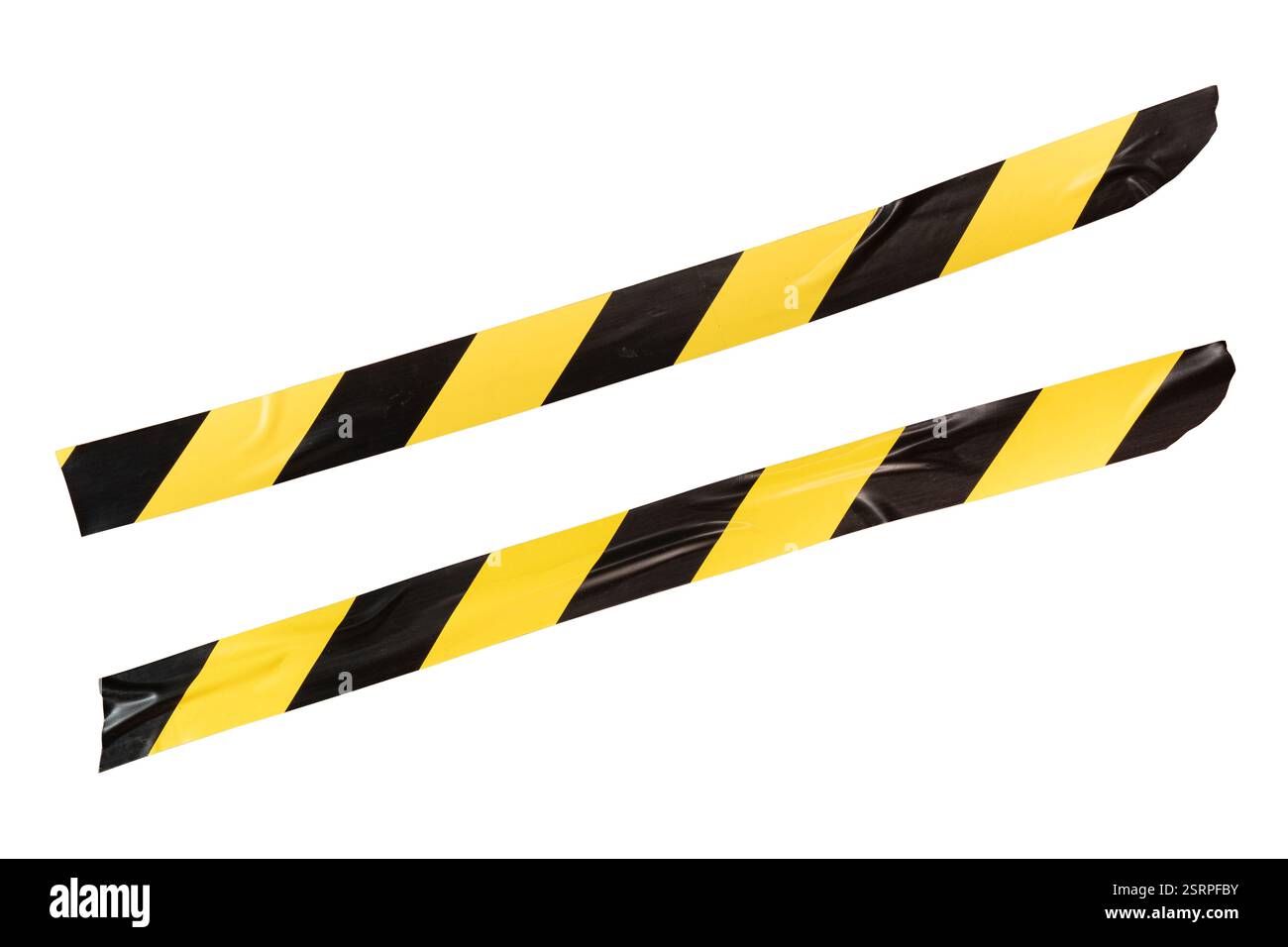 Gelbes und schwarzes Absperrband auf weißem Hintergrund mit Beschneidungspfad Stockfoto