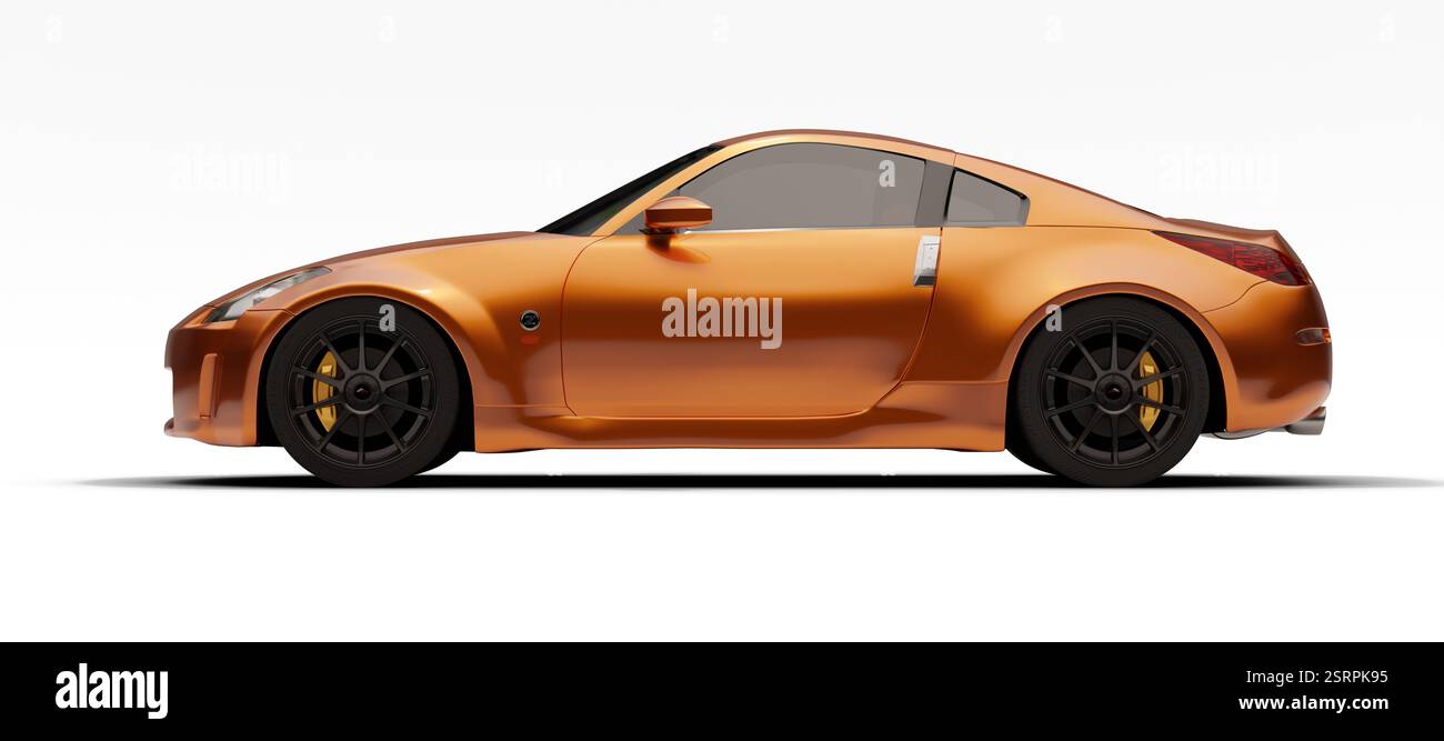 Izmir, Türkei - 16. Februar 2025: Ein 3D-gerendertes Bild eines orangen Nissan 350Z Sportwagens, das sein linkes Seitenprofil vor weißem Hintergrund zeigt, emp Stockfoto