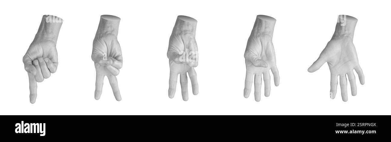 Satz älterer weiblicher Hände mit verschiedenen Zählgesten, einschließlich eins bis fünf, Frontansicht der Handfläche und Countdown-Zeichen. Zerknitterte Finger leeren Stockfoto