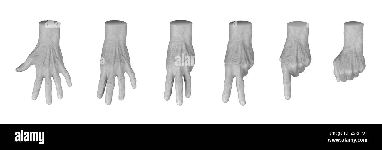 Satz älterer weiblicher Hände mit verschiedenen Zählgesten, einschließlich eins bis fünf, Null und einer Faust. Faltige Finger, die das Alter betonen, Arithmeti Stockfoto