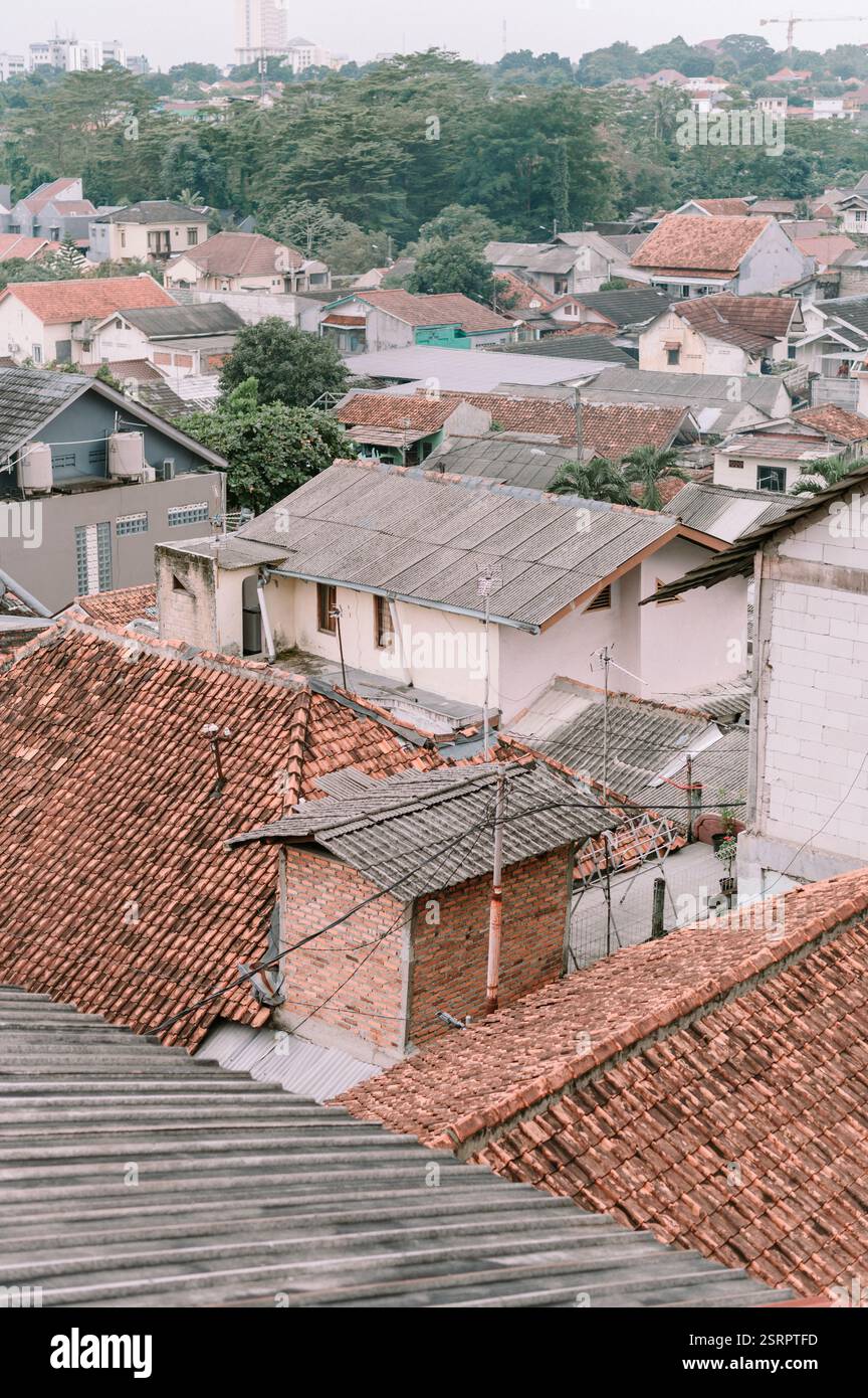 Halten Sie den weitläufigen Blick auf die Dächer einer Stadt in einer fesselnden Panoramaaufnahme fest. Das Bild unterstreicht die architektonische Vielfalt der Gegend, Blendin Stockfoto