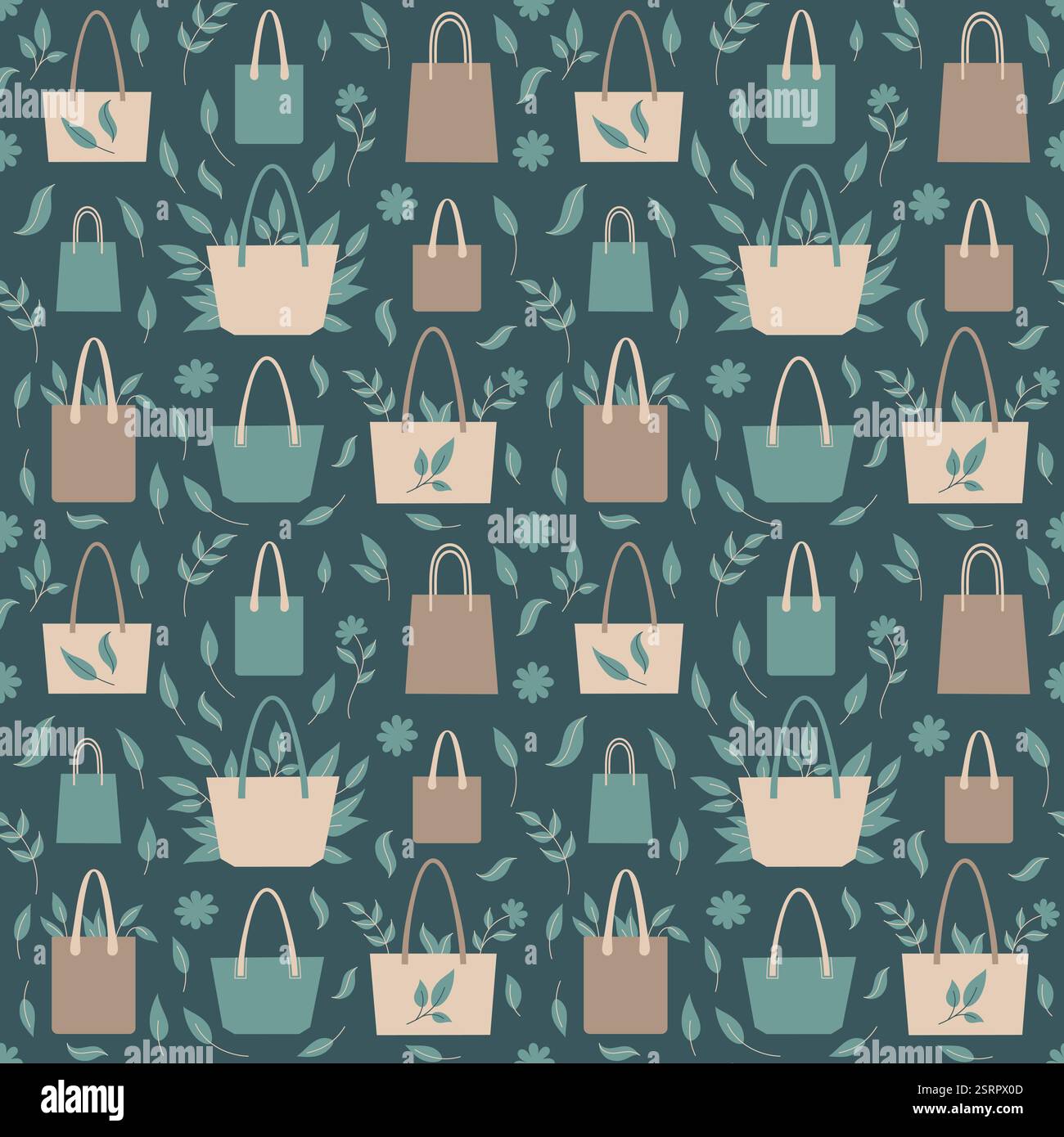 Vector Flat Art Eco nahtloses Muster bietet eine stilvolle Anordnung von wiederverwendbaren Tragetaschen mit Blättern. Stock Vektor