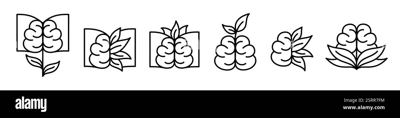 Das Logo-Set enthält eine Sammlung minimalistischer Symbole, die Elemente wie Bücher, Gehirn und Blätter kombinieren. Stock Vektor