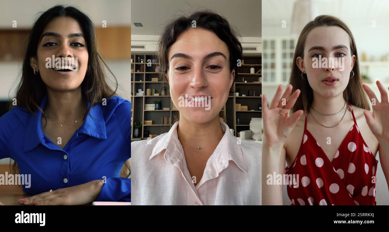 Drei multiethnische Frauen, die sich mit Videokonferenzanwendung unterhalten, mehrere Videos Collagen Stockfoto