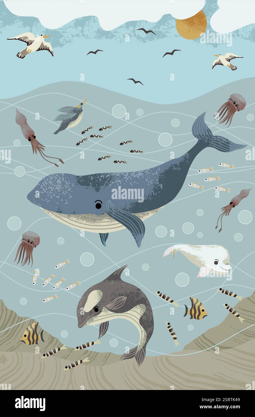 Unterwasserbild für Kinder mit Meerestieren. Vektor. Stock Vektor