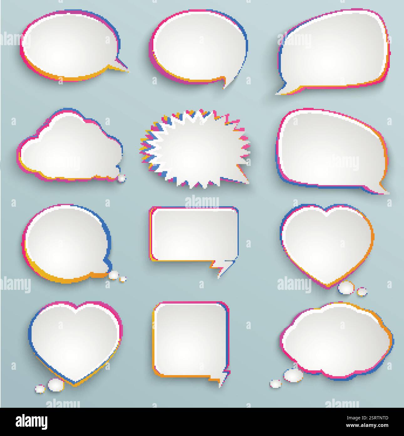 Sprechblasen aus Papier, bunte Malerei, abstrakte Elemente von Infografiken, Formen von Wolken, Herz Stock Vektor