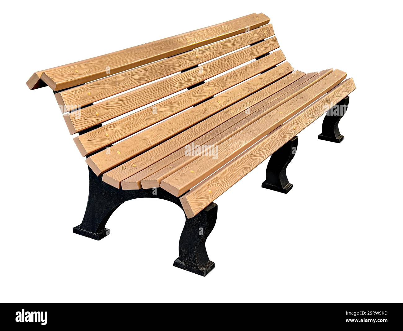 Neue gebogene Holzbank mit Metallrahmen isoliert auf weißem Hintergrund, ideal für Parks, Gärten oder Außenbereiche Stockfoto