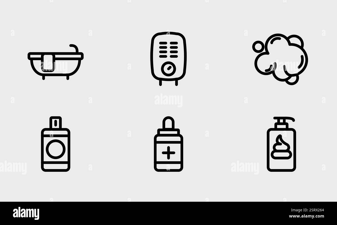 Badsymbolsatz - Flachwasserbereiter, Seife, Desinfektion, Badesymbole. Stock Vektor