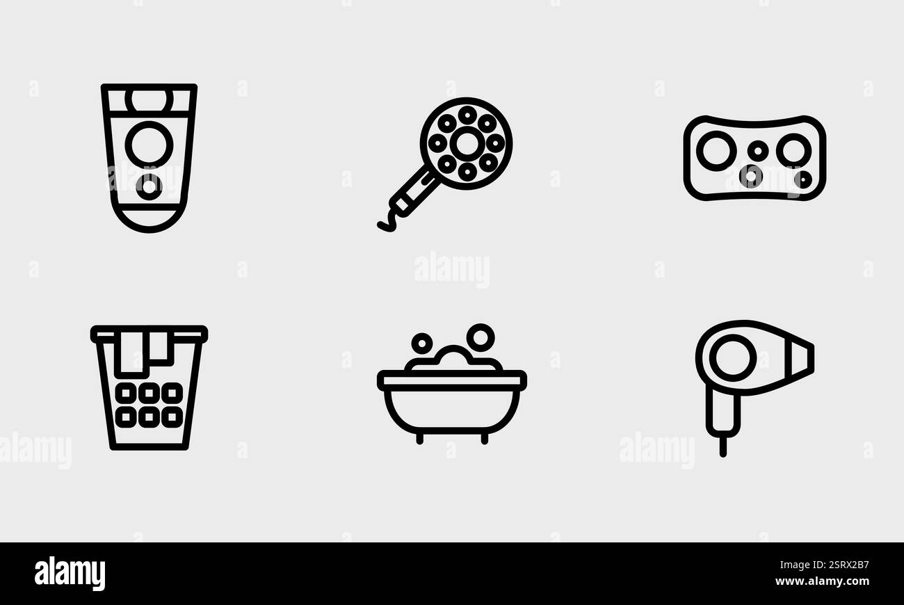 Badsymbolset - Flachrasierer, Schwamm, Haartrockner, Badewanne mit Seifensymbolen. Stock Vektor