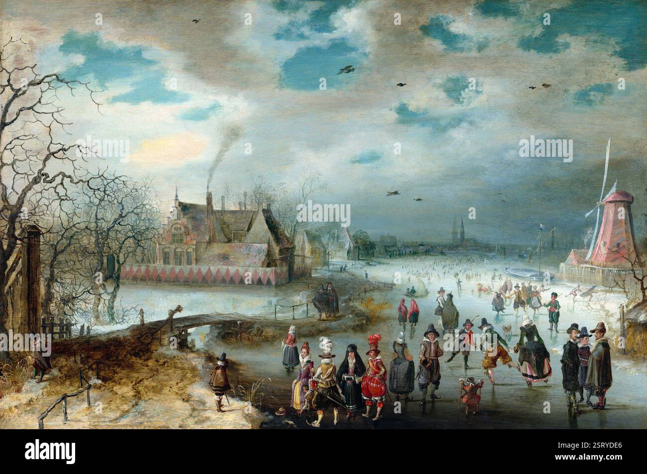 Gemälde des niederländischen Malers Adam van Breen 1611 Skating auf einem gefrorenen Fluss Kunst Kunstwerk Öl auf Tafel Meisterwerk historische Perspektive niederländisches Goldenes Zeitalter 17. Jahrhundert Winterszene Stockfoto
