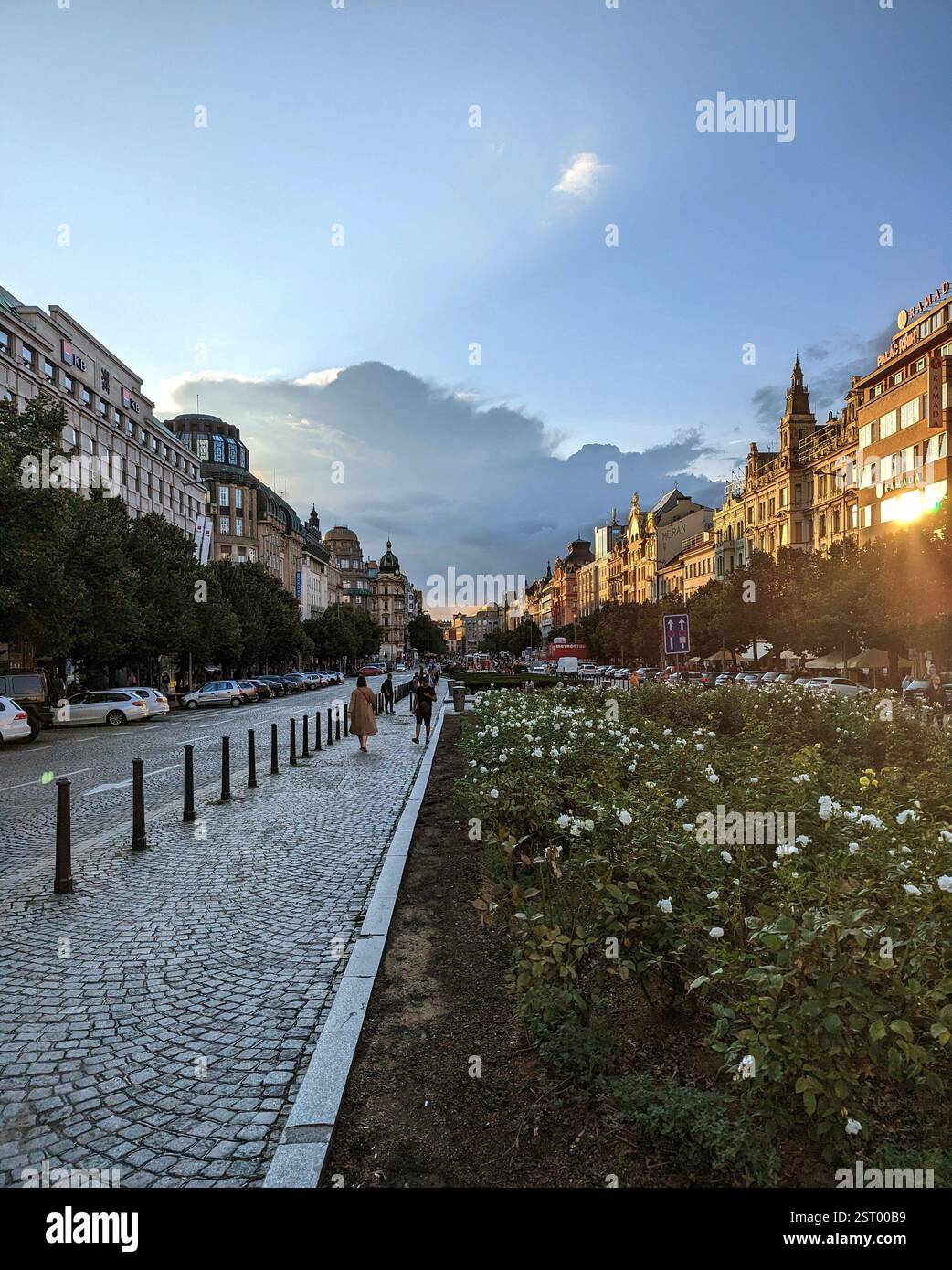 Goldene Stunde auf dem Wenzelsplatz, Prag – wo Geschichte, Kultur und modernes Stadtleben unter dem Abendhimmel wunderbar verschmelzen. Stockfoto
