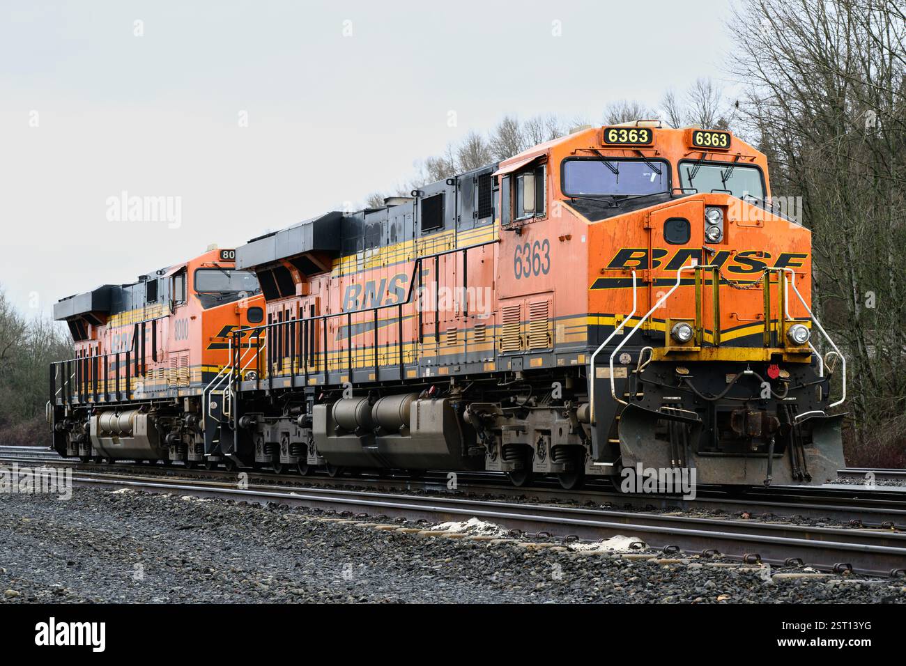 Seattle - 16. Februar 2025; Paar feuchte orange BNSF-Diesellokomotiven in Nahaufnahme warten auf Dienst Stockfoto