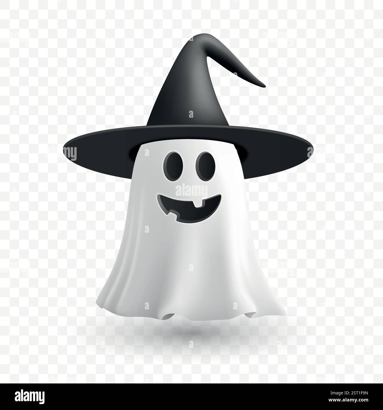 Vektor 3D realistischer Happy Ghost in Hexenhut. Gruseliger Halloween-Geist, Niedlicher Schwimmender Geist. Lustiger Cartoon-Geist, Isoliert. Gruseliger Charakter Stock Vektor