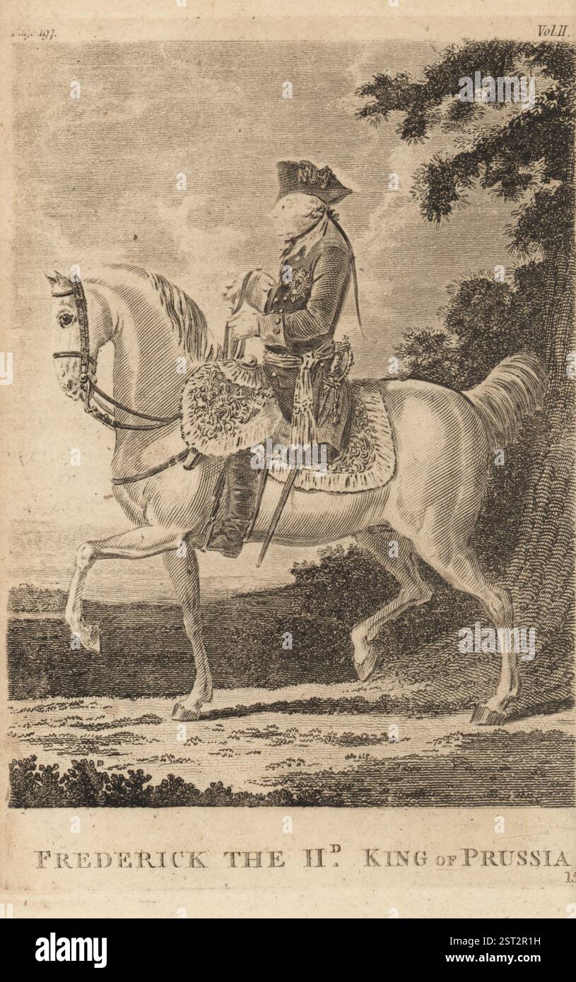 Friedrich II., König von Preußen, Friedrich der große, 1712–1786. Zu Pferd als alter Mann in Tricorne, Pigtail, Militäruniform mit Stern des Ordens vom Schwarzen Adler. Kupferstich von John Barlow nach einem Gemälde von Daniel Chodowiecki aus Pfarrer Johann Kaspar Lavater und John Grenvilles The Whole Works of Lavater on Physiognomy, W. Butters, W. Simmonds, London, 1797. Stockfoto