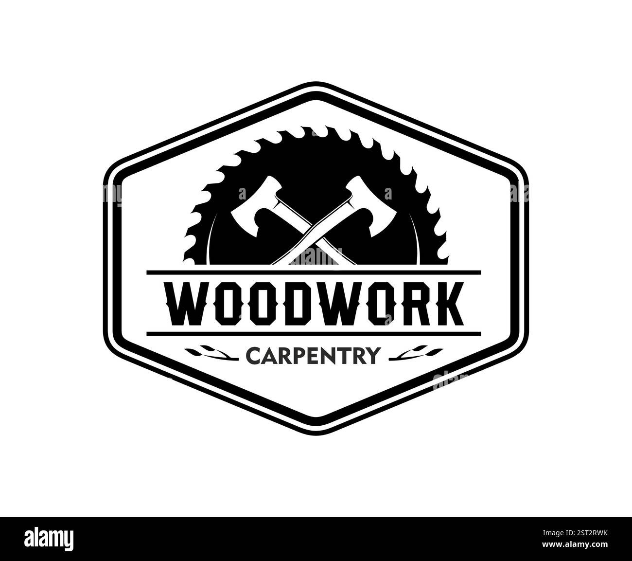 Tischlerei Holzbau Symbol mit gekreuzten Äxten und Sägeblatt. Vektor schwarz-weißes Emblem für Holzbearbeitung, Zimmermannservice, Holzhandwerkkonzerne Stock Vektor