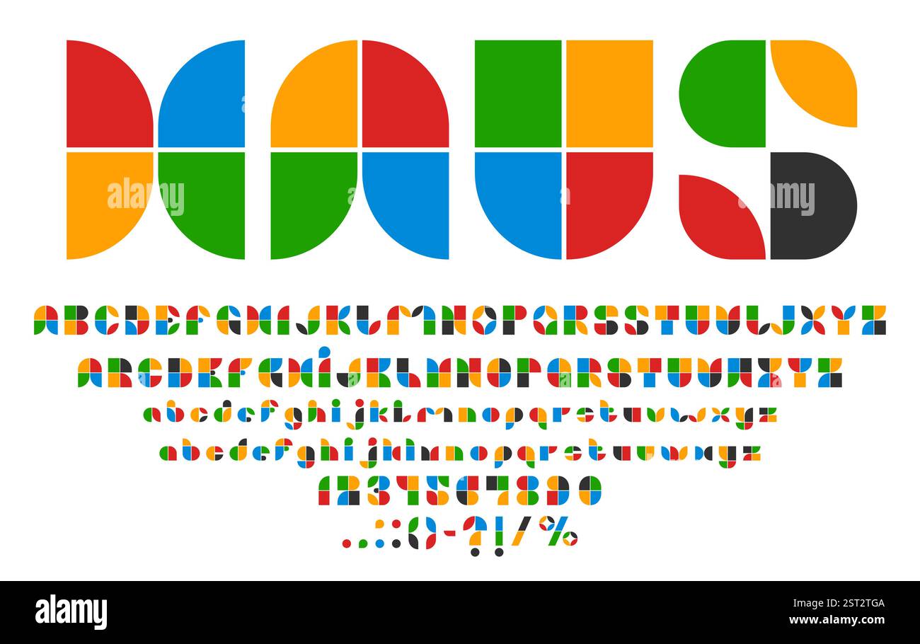 Art-Deco-Schriftart, geometrische Schriftart, 80er-Jahre-Schriftart 90er-Jahre, dekoratives englisches Alphabet mit farbenfrohen, abstrakten Formen in jeder Buchstabennummer und Interpunktion Stock Vektor