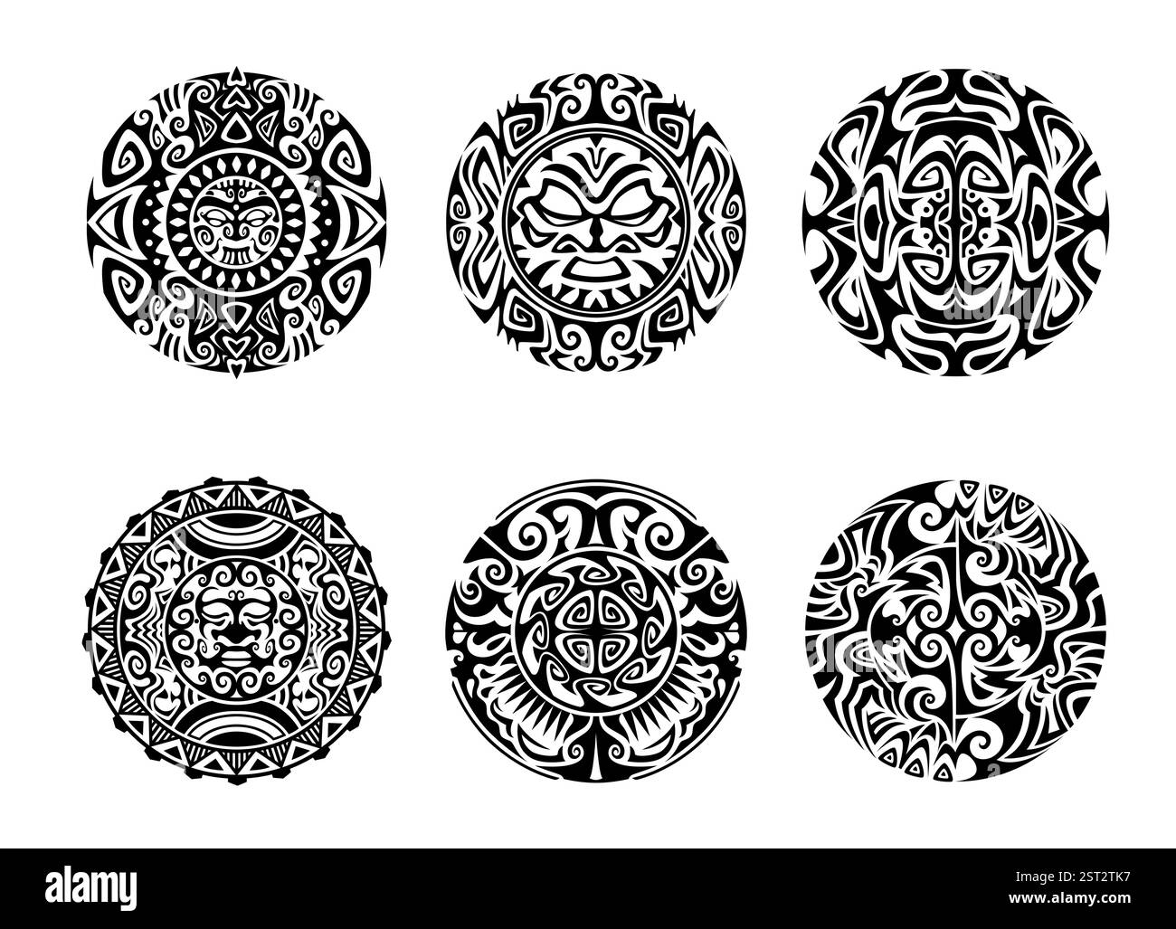 Maori-Stammes-Tattoo. Vektorset aus komplexen Kreisformen, geometrischen Schwarzweiß-Mustern, Göttergesichtern und abstrakten Mandala-Motiven, inspiriert von Pol Stock Vektor