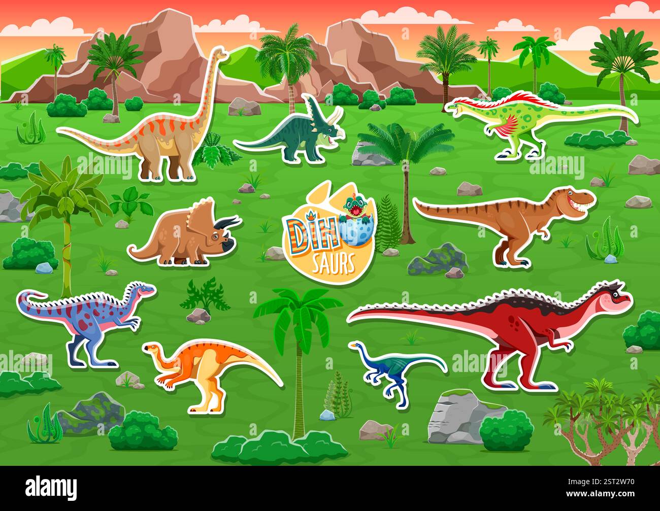 Aufkleber mit prähistorischen Dinosaurierfiguren. Lustige jurassische Reptilien und Baby-Dino im Eierschalen-Vektor-Hintergrund. Cartoon Brachiosaurus, Tyrannosaurus Stock Vektor