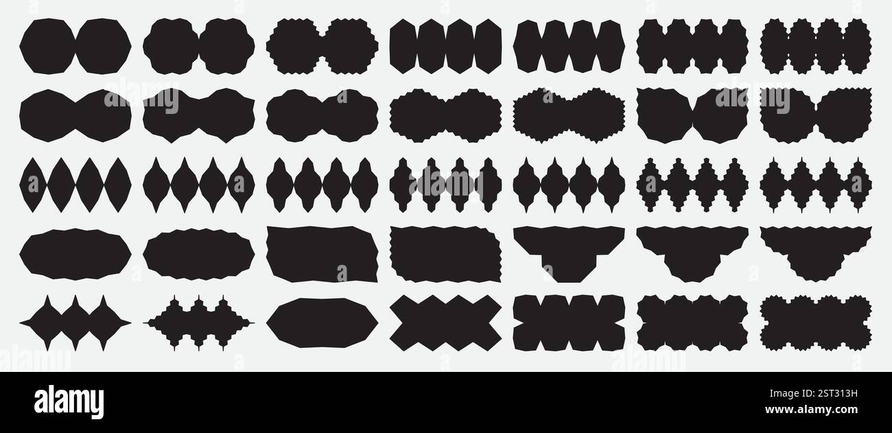 Schwarze brutalistische Formen mit kurvigen und zerklüfteten Rändern. Stock Vektor