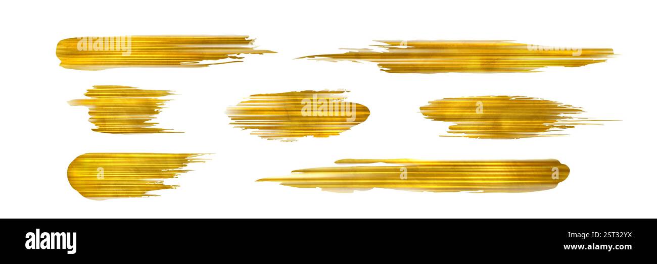 Goldfolie Pinselstriche Kollektion – glänzende goldene Abstriche, Wischen und Spritzer mit strukturiertem Glitzereffekt auf weißem Hintergrund. Realistische, luxuriöse Dekoelemente für hochwertiges Design. Stock Vektor