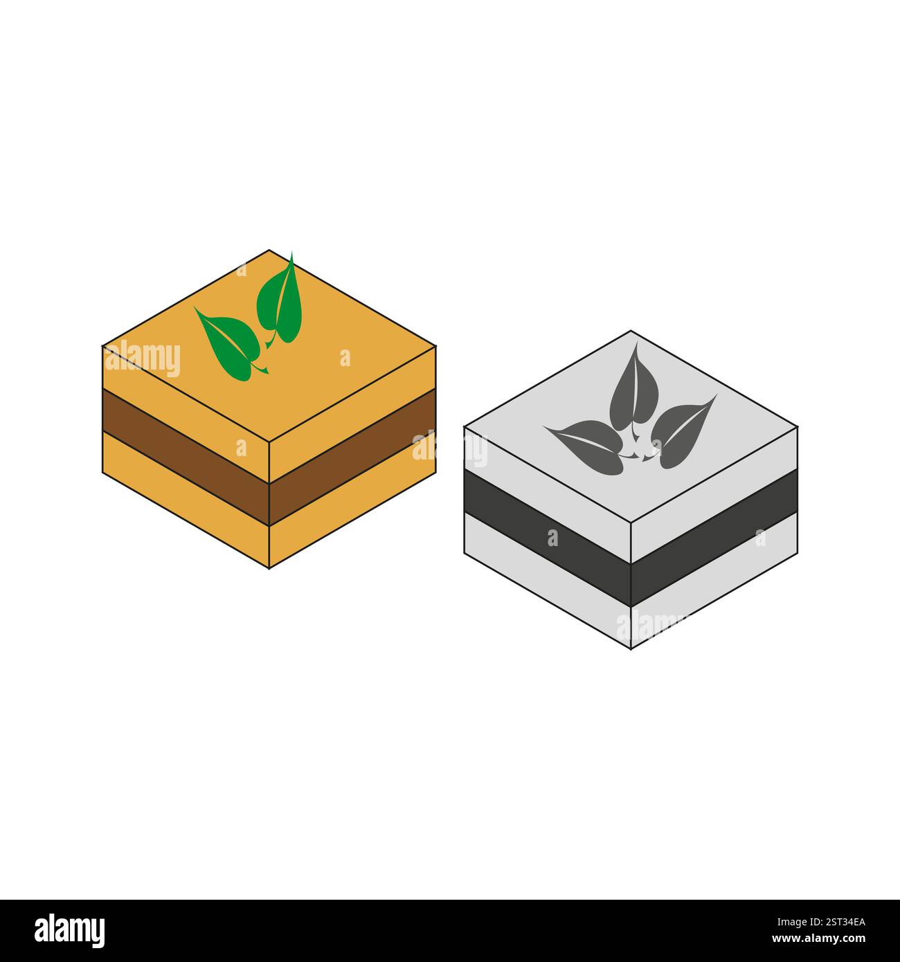 Süßer, mehrlagiger Kuchen. Bio-Bäckerei. Schokoladenschwamm. Natürliches grünes Blatt. Stock Vektor