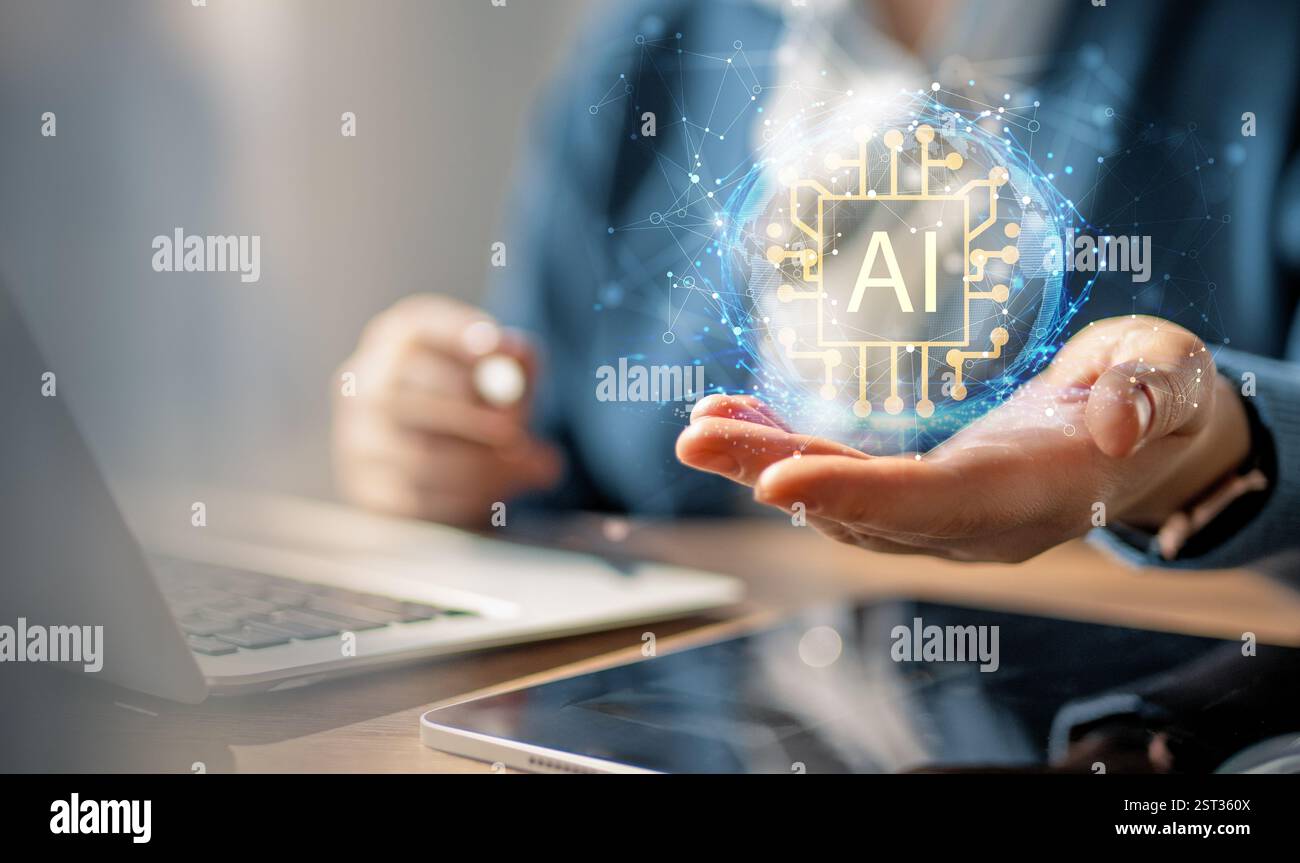 Geschäftsmann mit einem digitalen Tablet-pc. Konzept der Generativen KI Stockfoto