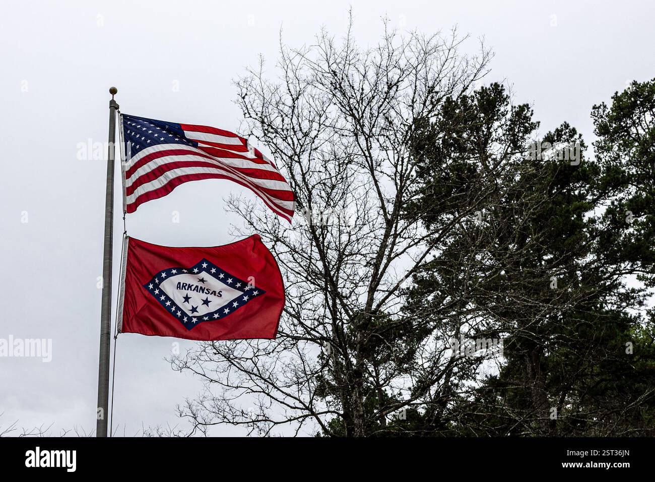 USA und Arkansas Flaggen vor dem Hauptquartier des Lake Catherine State Park. Stockfoto