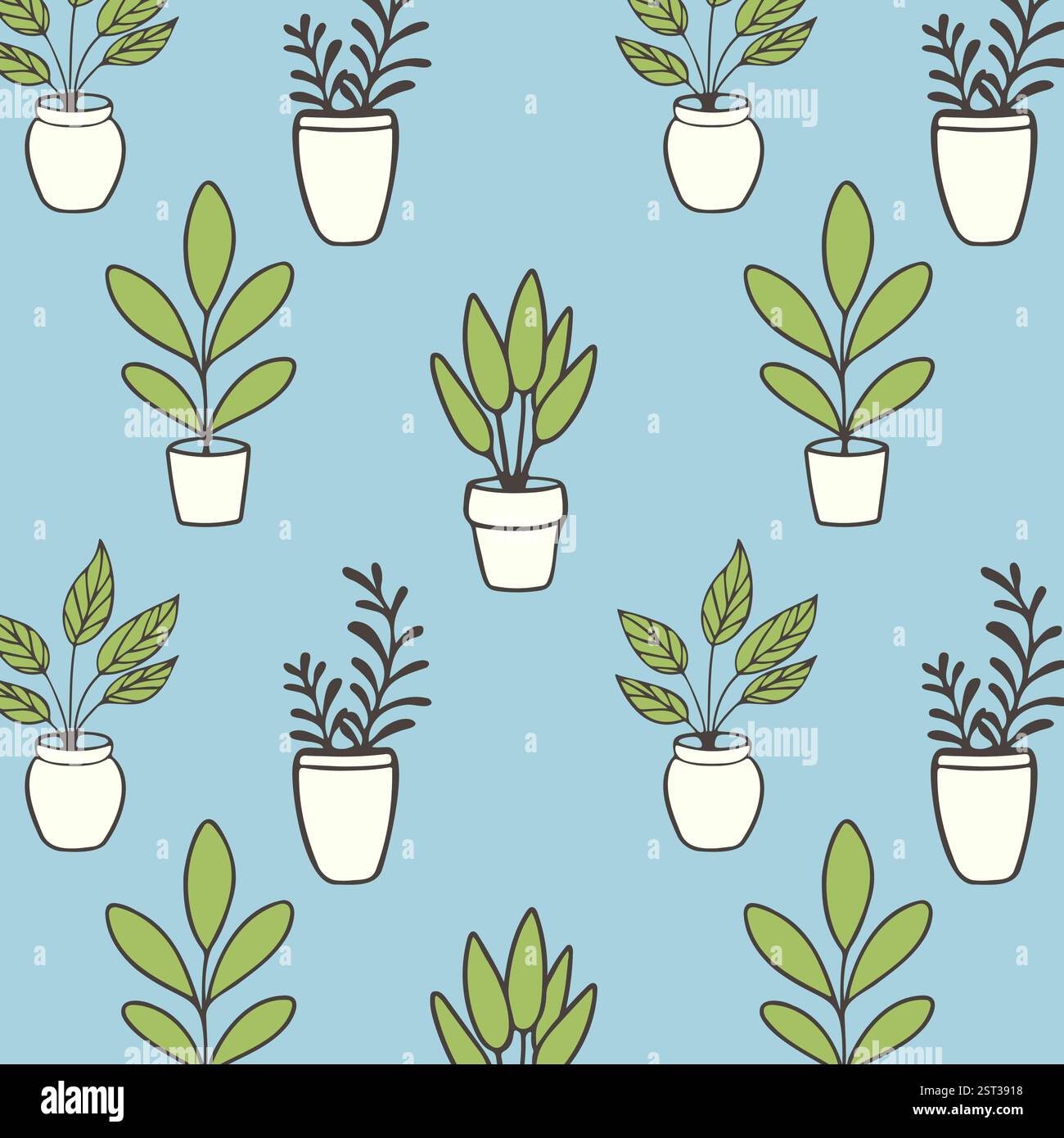 Blaues Muster mit Zimmerpflanzen in Blumentöpfen, gemütliches Zuhause, Erholungsbereich, Entspannung, Fernarbeit, komfortable Bedingungen. Vektorabbildung Stock Vektor