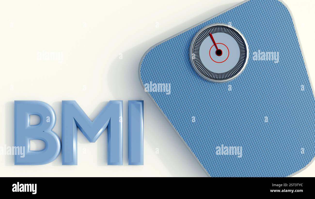 Eine 3D-Darstellung der Waage mit Body Mass Index oder BIM, die die Bedeutung des Body Mass Index für die Beurteilung von Gesundheit und Gewicht unterstreicht. Stockfoto
