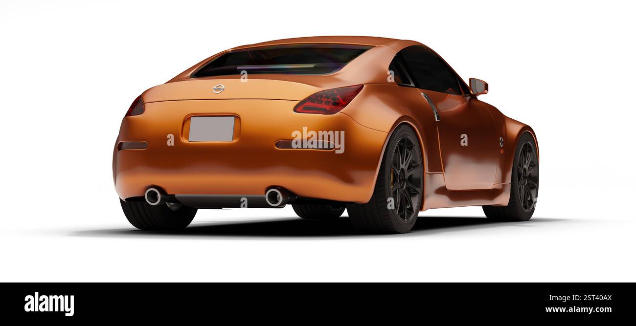 Izmir, Türkei - 17. Februar 2025: Ein 3D-gerendertes Bild eines orangen Nissan 350Z Sportwagens, das seine Dreiviertelansicht hinter einem weißen Hintergrund zeigt Stockfoto