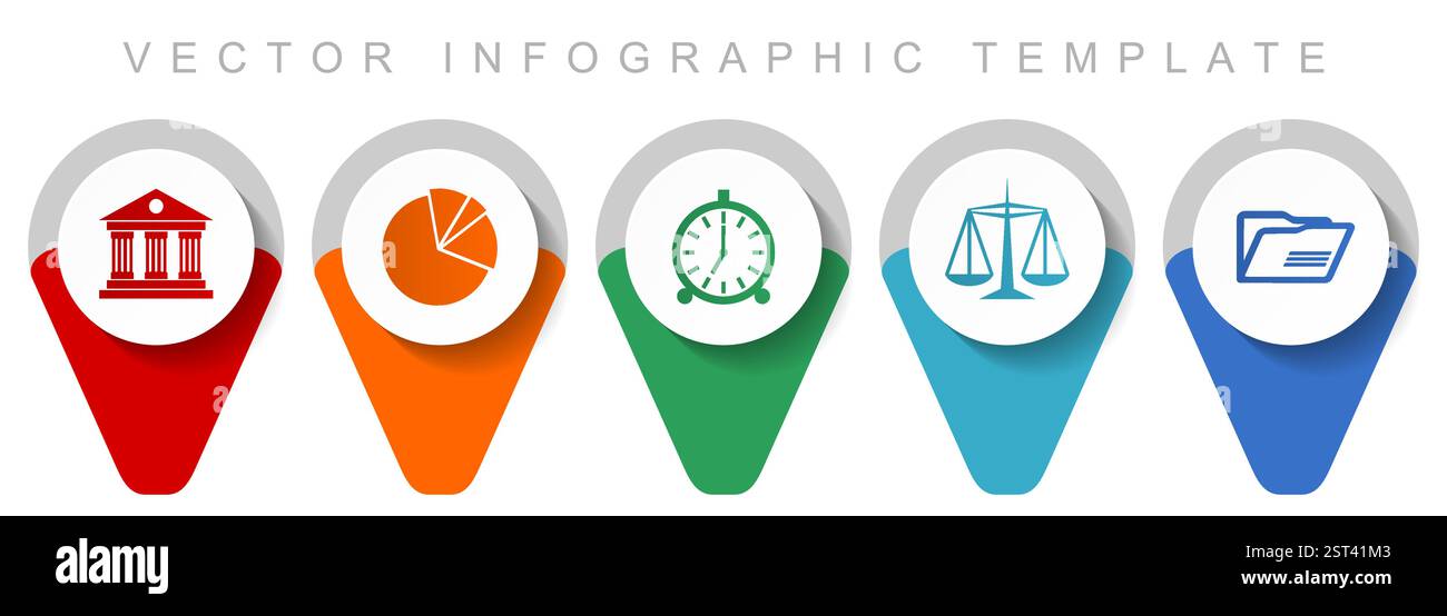 Zeigersammlung für den Bildungsbereich, verschiedene Symbole wie Architektur, Diagramm, Uhr, Waagen und Ordner, Infografik-Vorlage für flache Vektoren in ep Stock Vektor