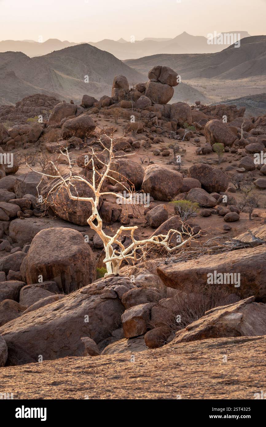 Malerische Aussicht auf felsige Berge bei Sonnenuntergang, Damaraland Landschaft, Namibia, Afrika Stockfoto