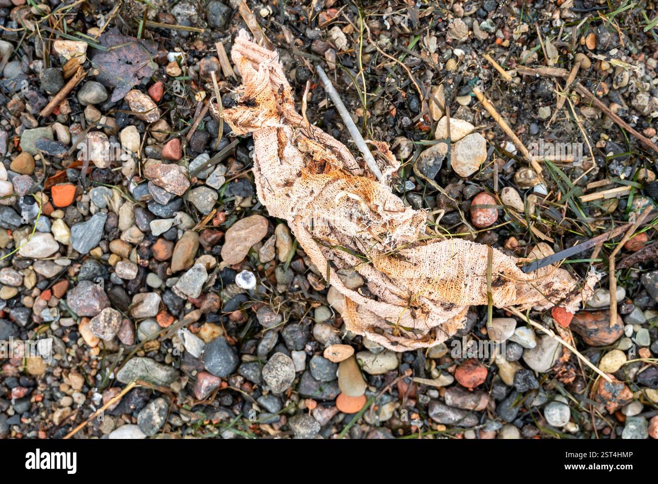 Ein Stück alten Stoffes, das auf dem Meer entsorgt wird, liegt am Kiesstrand zwischen Steinen, Algen und Muscheln, was die Abfälle der Textilindustrie veranschaulicht, die den Ozean verschmutzen Stockfoto