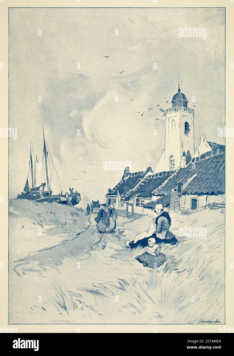 Ill1874 Hollandische Landscaften, blaue monochrome Illustration von Frauen, Häusern und Booten des belgischen Künstlers Henri Cassiers aus Deco Stockfoto