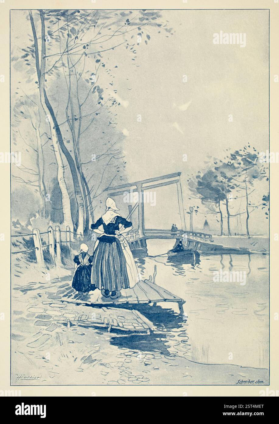 Holländische Landscaften, blaue monochrome Illustration der Kanalszene in Delfter Manier des belgischen Künstlers Henri Cassiers vom Dezember Stockfoto