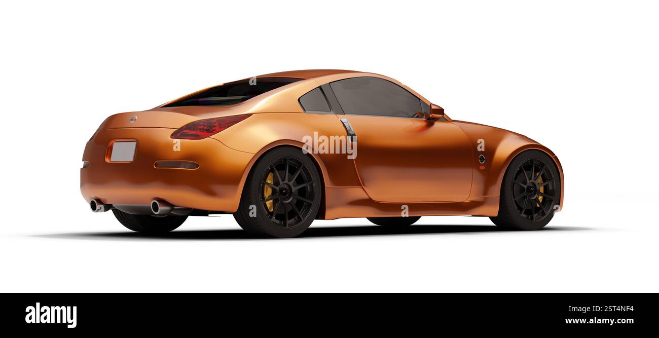 Izmir, Türkei - 17. Februar 2025: Ein 3D-gerendertes Bild eines orangen Nissan 350Z Sportwagens, das seine Dreiviertelansicht hinter einem weißen Hintergrund zeigt Stockfoto