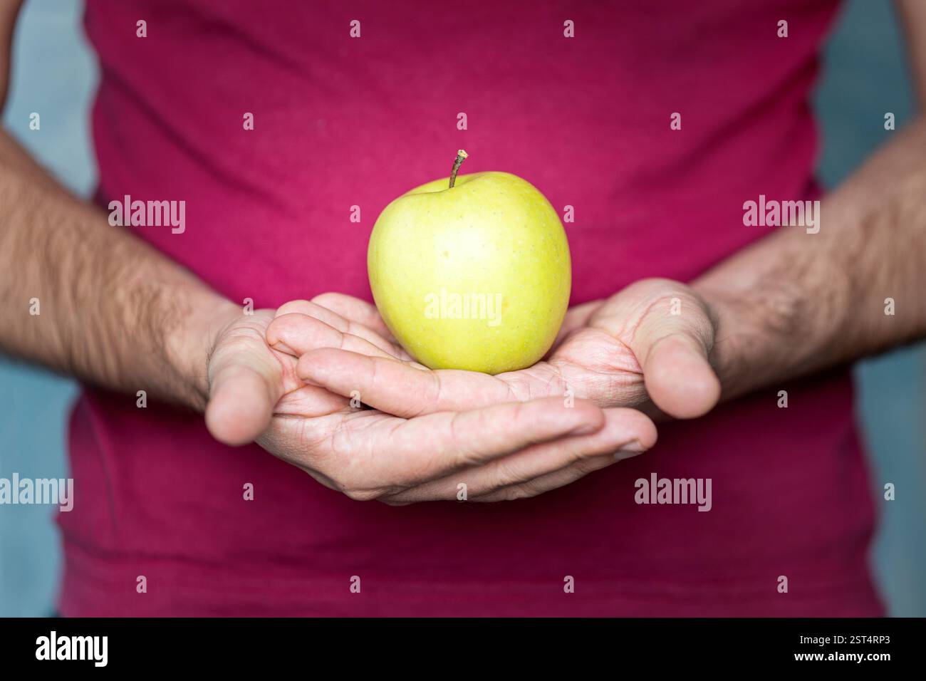Die Hand des Mannes hält ein Apfel-, Snack- und Fast-Food-Konzept. Selektiver Fokus auf Händen mit verschwommenem Hintergrund und Kopierraum Stockfoto