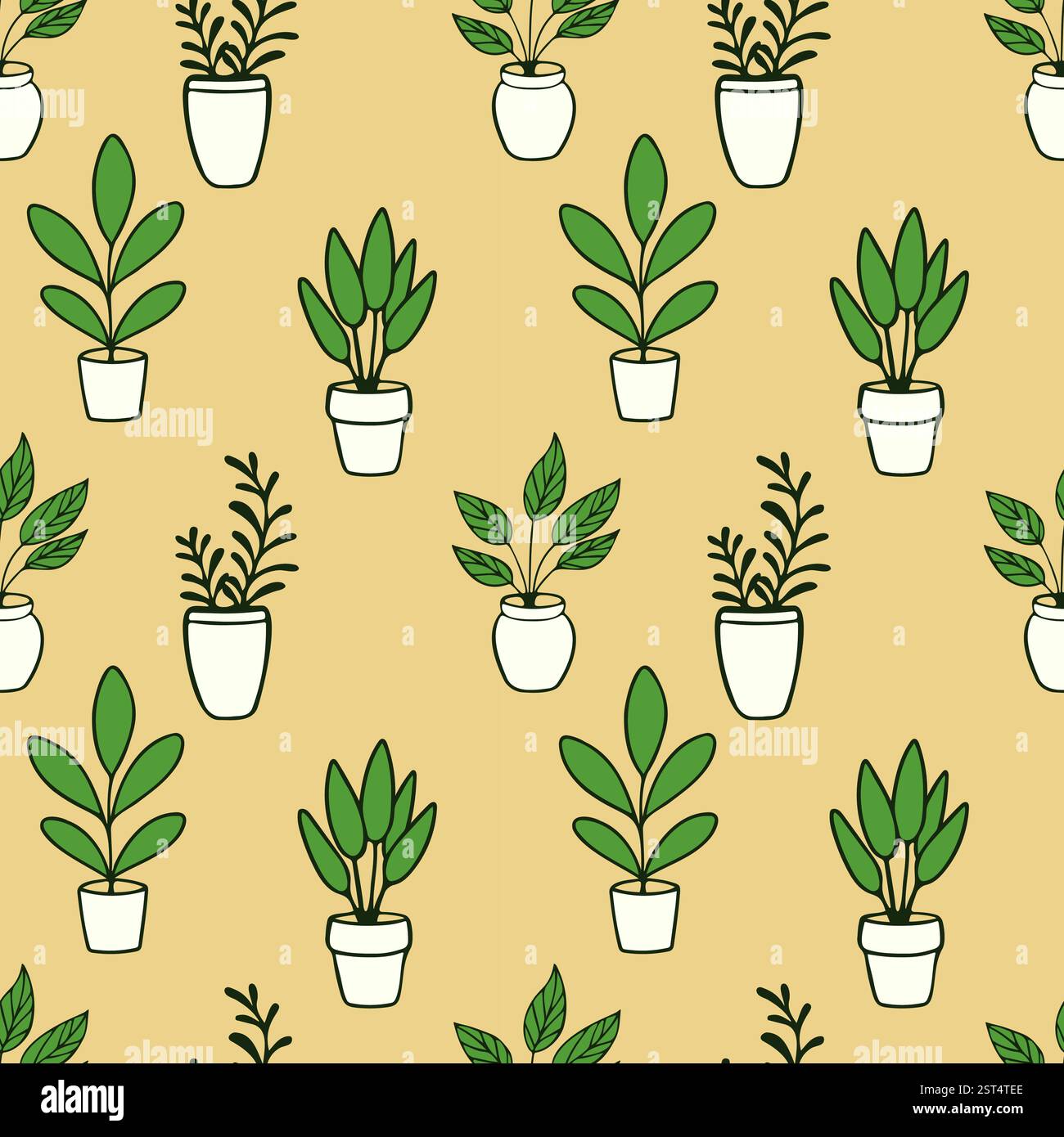 Gelbes Muster mit Zimmerpflanzen in Blumentöpfen, gemütliches Zuhause, Erholungsbereich, Entspannung, Fernarbeit, komfortable Bedingungen. Vektorabbildung Stock Vektor