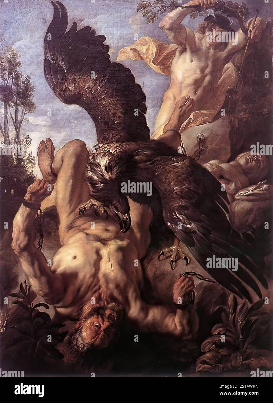 JORDAENS, Jacob (* 1593, Antwerpen, d. 1678, Antwerpen) Prometheus gebunden um 1640 Öl auf Leinwand, 245 x 178 cm Wallraf-Richartz Museum, Köln Jordaens Gemälde ist eine Variation eines Themas, das Rubens früh in seiner Karriere versuchte und das formal aus Studien Michelangelos abgeleitet wurde. --- Schlüsselwörter: ----------------- Autor: JORDAENS, Jacob Titel: Prometheus gebunden Zeitlinie: 1651-1700 Schule: Flämische Form: Malerei Typ: Mythologisch Stockfoto