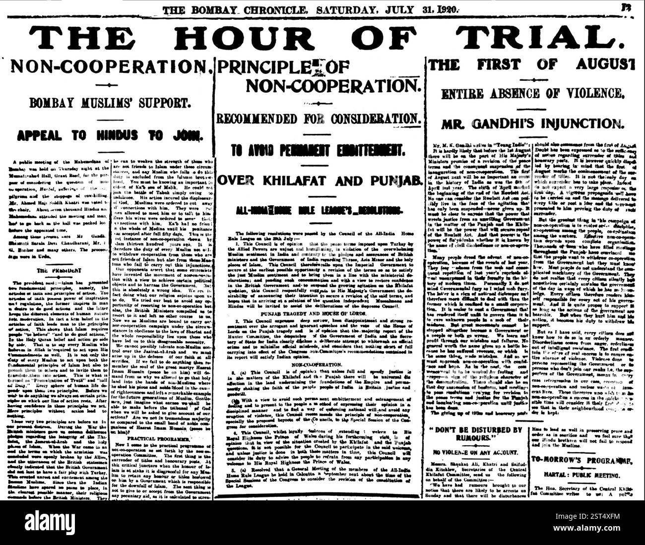 Titelseite Des Bombay Chronicle, 31. Juli 1920 Stockfoto
